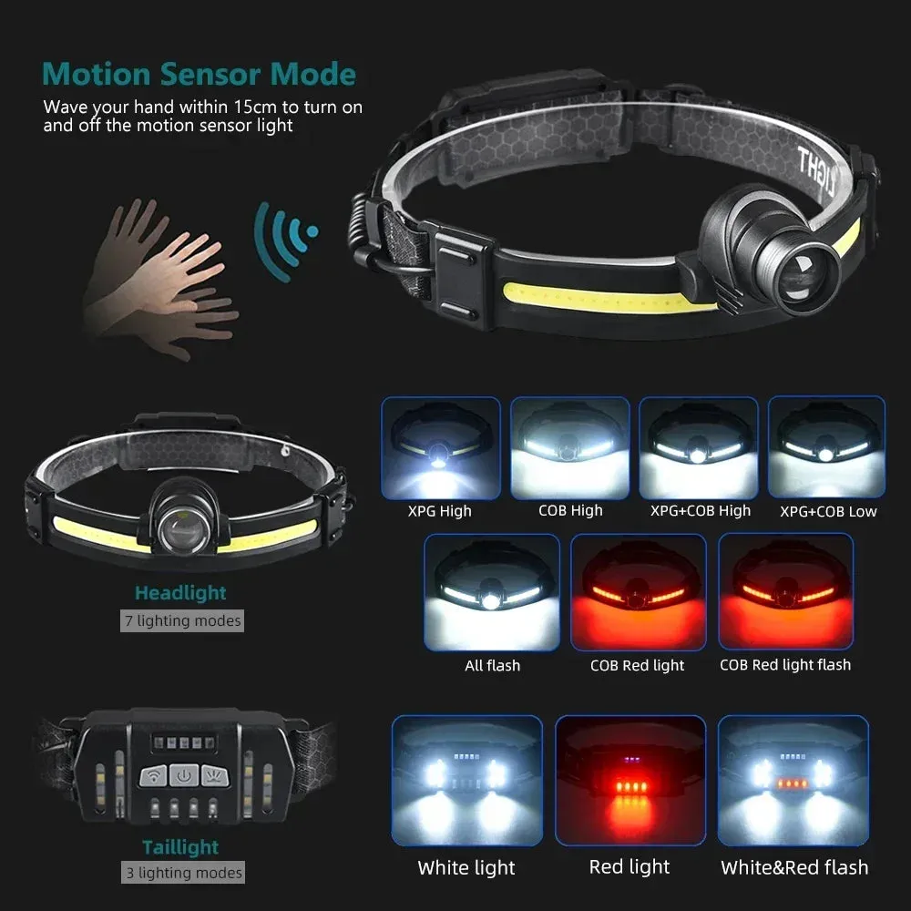 Powerful LED Headlamp 7 Modes XPE COB Sensor Headlight Rechargeable for Fishing & Hunting