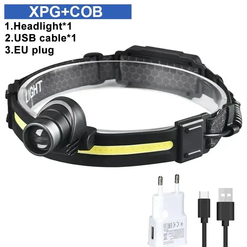Powerful LED Headlamp 7 Modes XPE COB Sensor Headlight Rechargeable for Fishing & Hunting