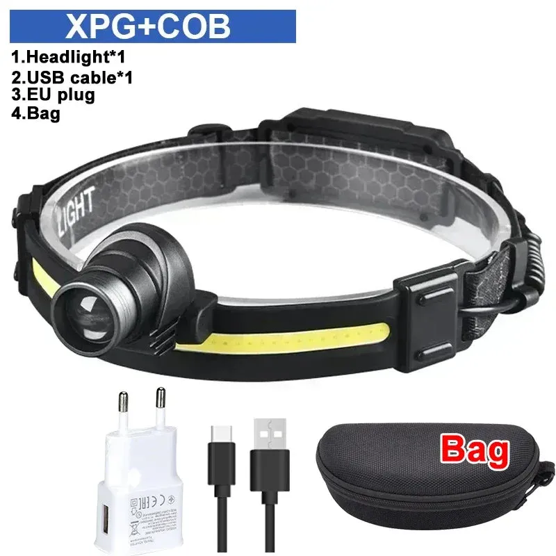 Powerful LED Headlamp 7 Modes XPE COB Sensor Headlight Rechargeable for Fishing & Hunting