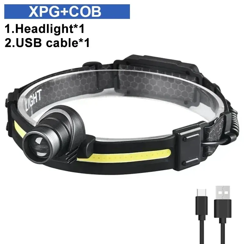 Powerful LED Headlamp 7 Modes XPE COB Sensor Headlight Rechargeable for Fishing & Hunting