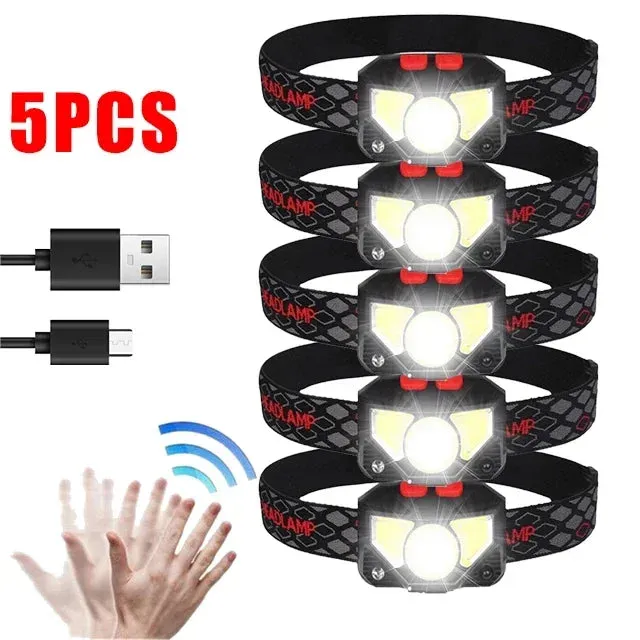 Powerful LED Sensor Headlamp, 500LM USB Rechargeable, 5W, Aluminum Alloy   ABS, Multi-Mode Head Torch for Camping, Fishing, and Outdoor Activities