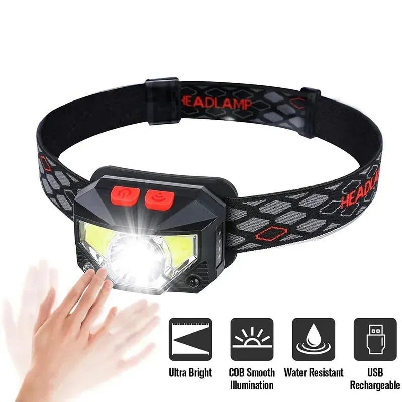 Powerful LED Sensor Headlamp, 500LM USB Rechargeable, 5W, Aluminum Alloy   ABS, Multi-Mode Head Torch for Camping, Fishing, and Outdoor Activities