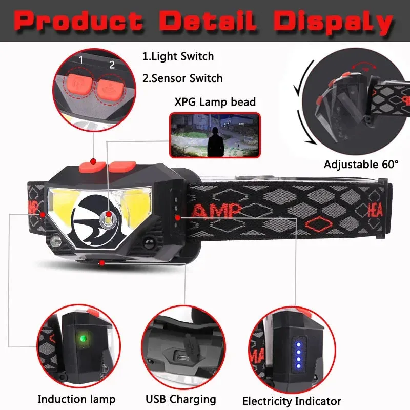 Powerful LED Sensor Headlamp, 500LM USB Rechargeable, 5W, Aluminum Alloy   ABS, Multi-Mode Head Torch for Camping, Fishing, and Outdoor Activities