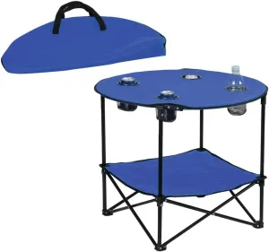 Preferred Nation | 2 Tier Folding Camping Table with 4 Mesh Cup Holders Blue | Polyester with Metal Frame | Compact, Convenient Carry Case Included | Side Table for Tailgate