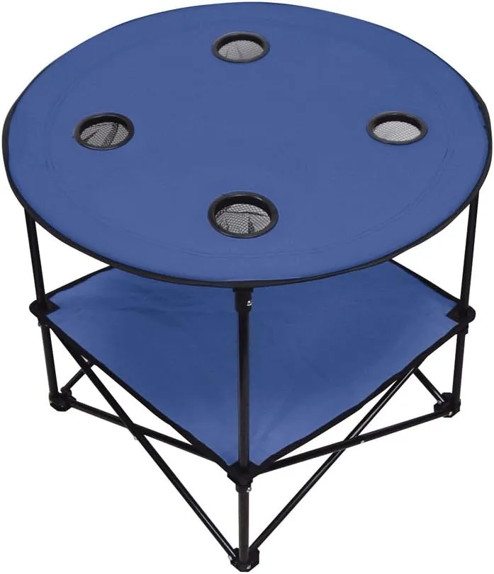 Preferred Nation | 2 Tier Folding Camping Table with 4 Mesh Cup Holders Blue | Polyester with Metal Frame | Compact, Convenient Carry Case Included | Side Table for Tailgate