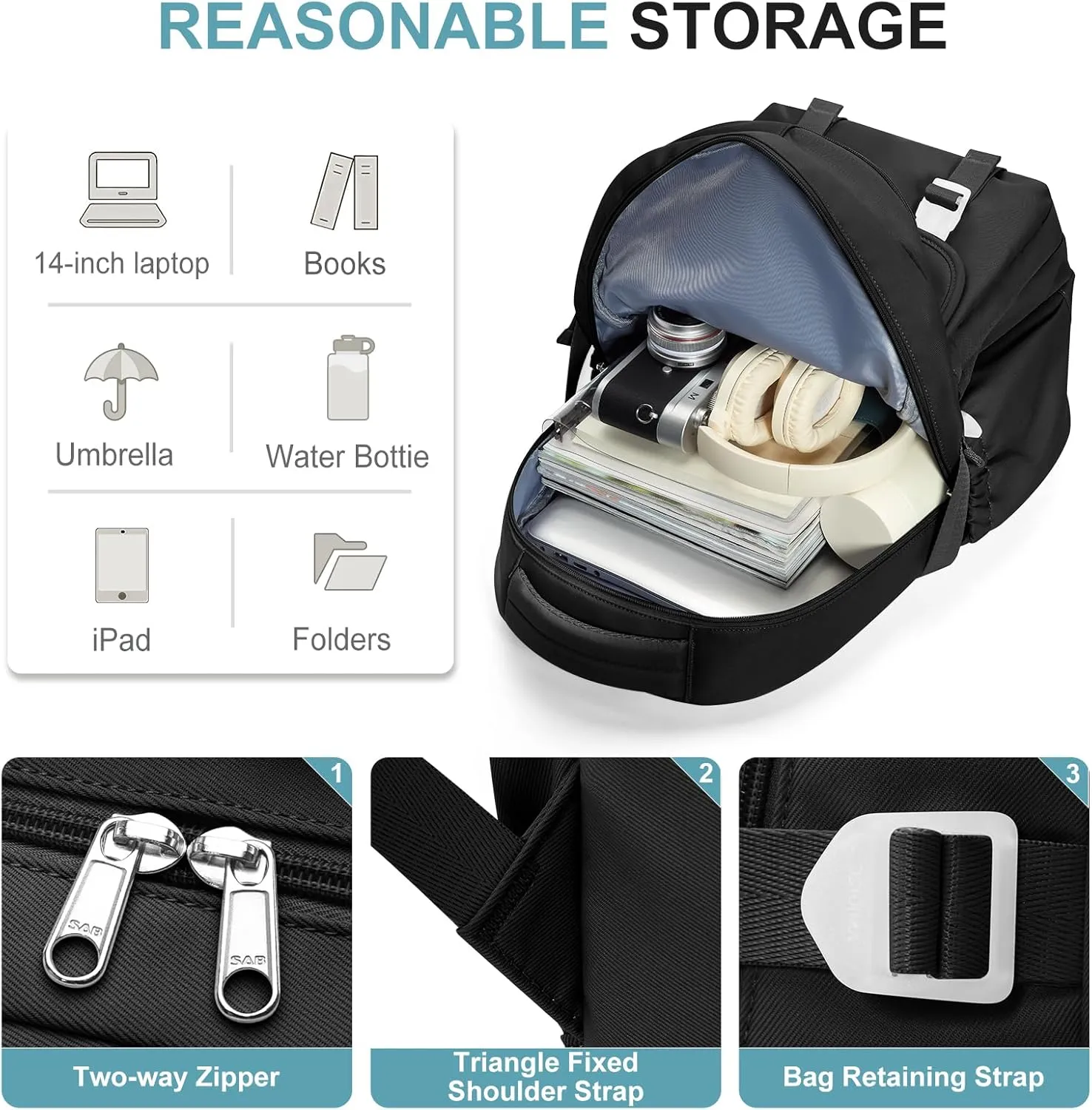 Preppy Black Middle School Backpack for Teens Girls Boys Waterproof Backpack with Lots of Pockets College Backpacks for Women Men Cute School Bag for Students