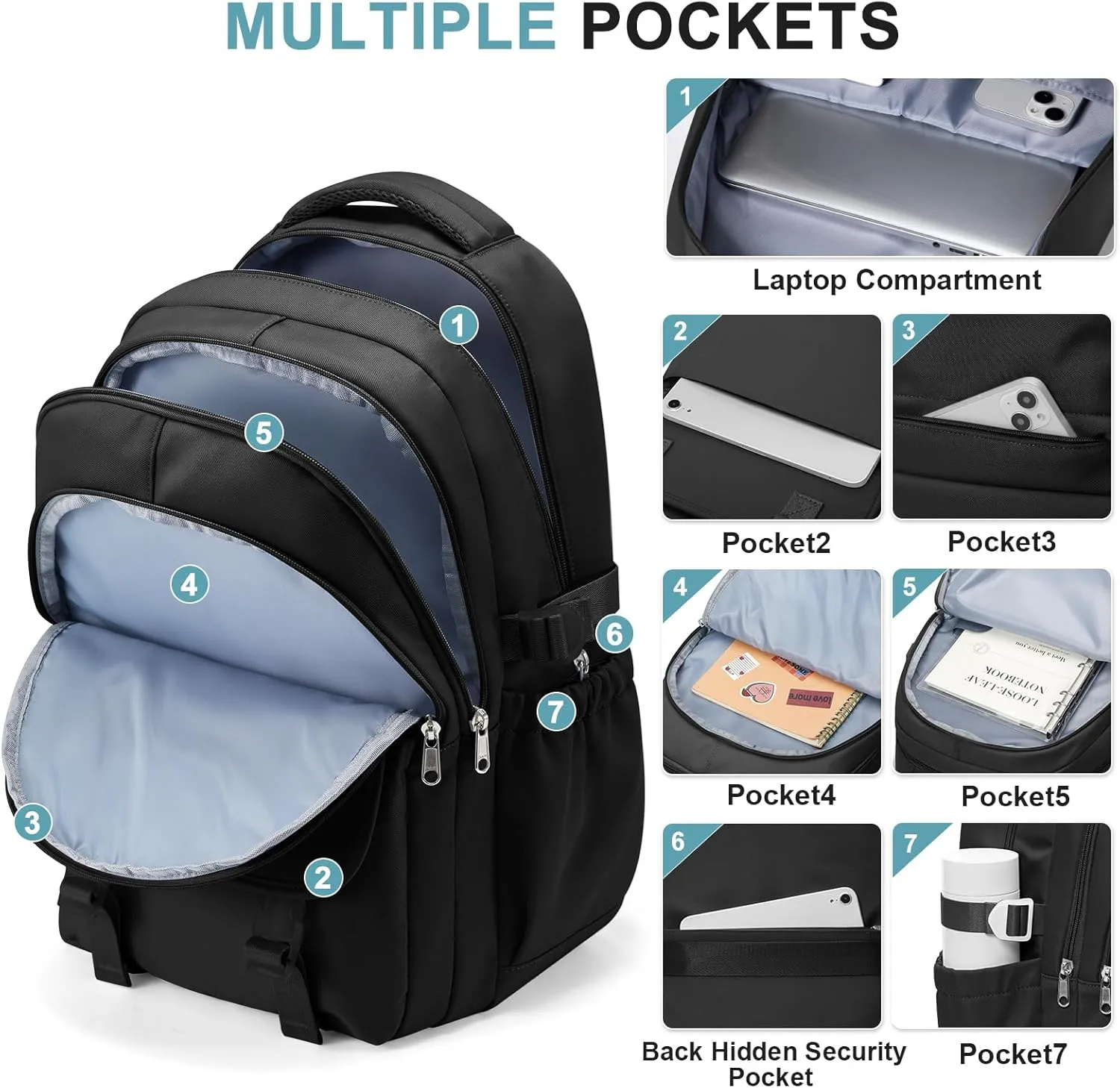 Preppy Black Middle School Backpack for Teens Girls Boys Waterproof Backpack with Lots of Pockets College Backpacks for Women Men Cute School Bag for Students