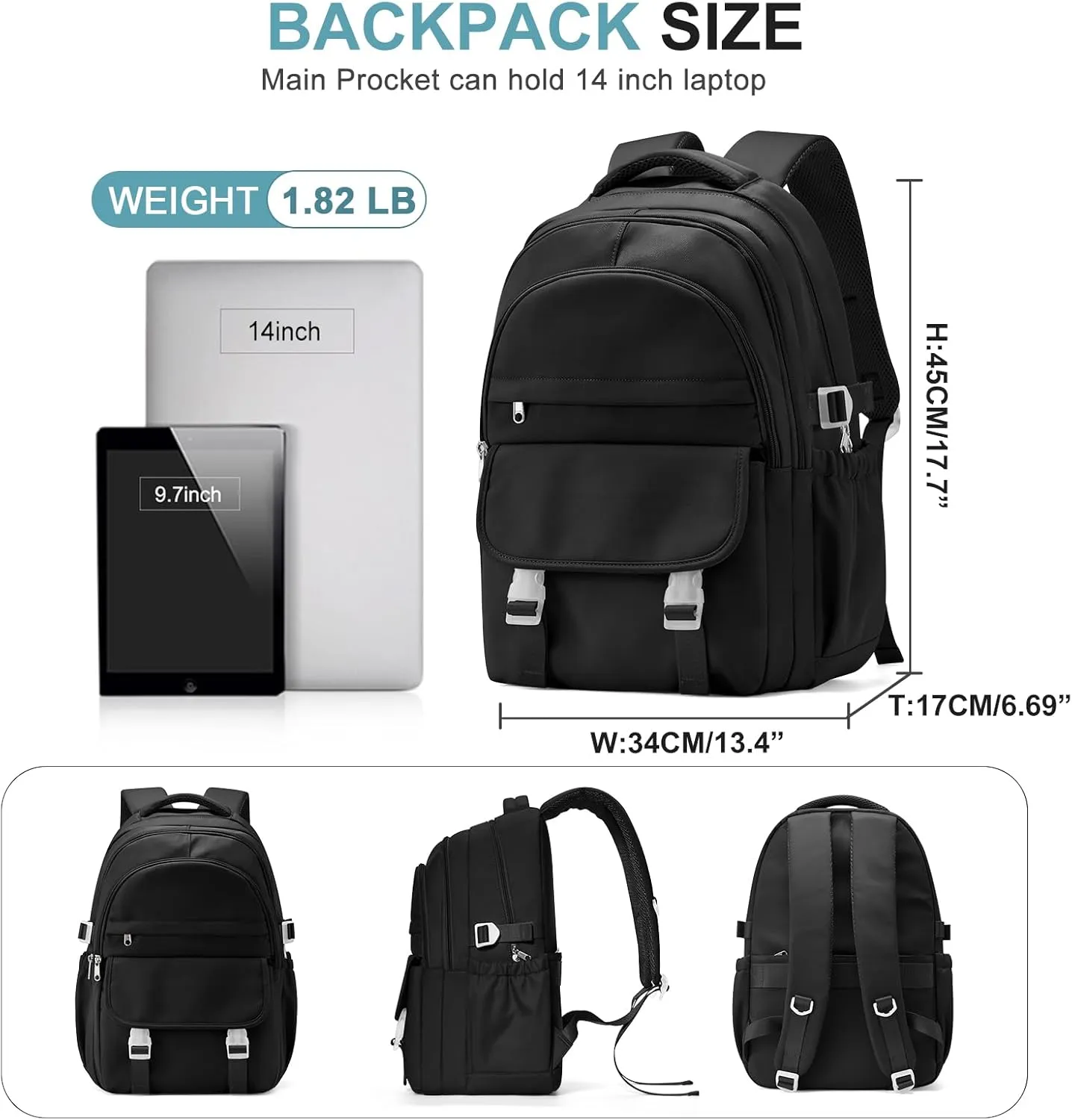 Preppy Black Middle School Backpack for Teens Girls Boys Waterproof Backpack with Lots of Pockets College Backpacks for Women Men Cute School Bag for Students