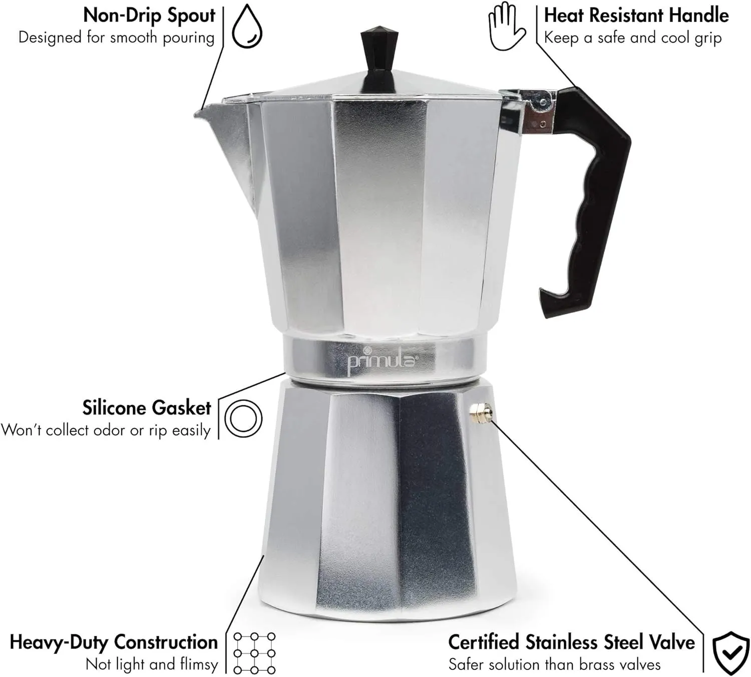 Primula Classic Stovetop Espresso and Coffee Maker, Moka Pot for Italian and Cuban Café Brewing, Greca Coffee Maker, Cafeteras, 12 Espresso Cups, Silver