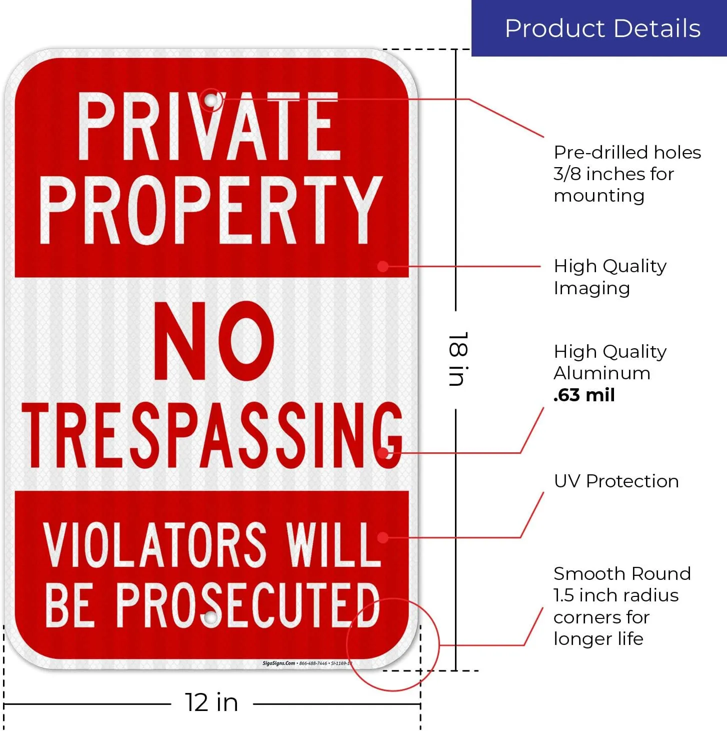 Private Property No Trespassing, Violators Prosecuted Sign, 12x18 Inches, 3M EGP Reflective .063 Aluminum, Fade Resistant, Indoor/Outdoor Use, Made in USA