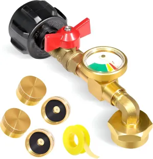 Propane Refill Adapter for 1lb. Tanks, 90 Degree Propane Adapter 20lb to 1lb Converter with Gauge and Control Valve for Propane Tank, Heater, Grill Stove, 4 Caps Included, Solid Brass