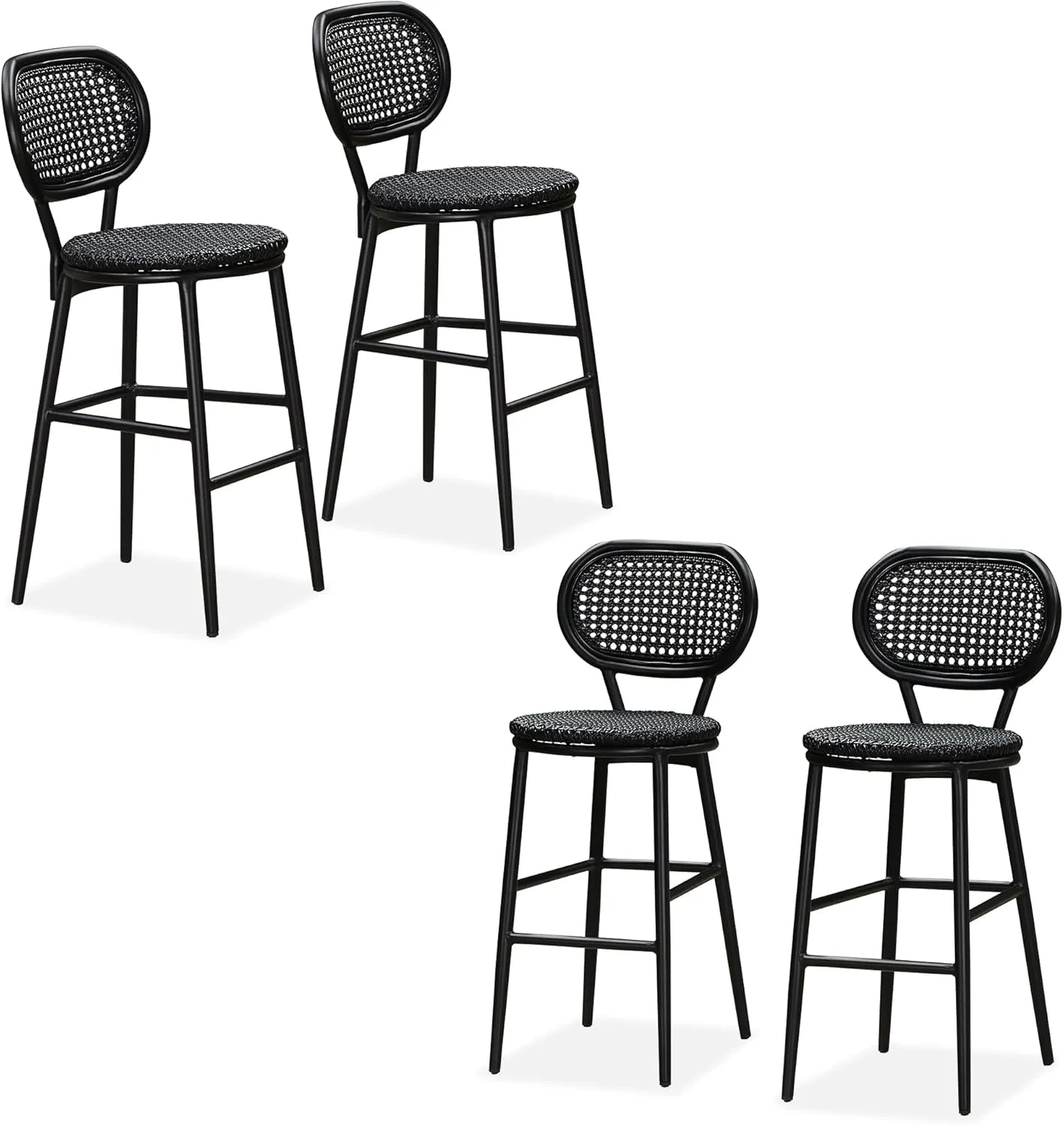 PURPLE LEAF Bar Stools Set of 4 Patio Rattan Counter Height Barstools Modern Aluminum Stools with Back for Pool Garden Kitchen Island Outdoor Bar Chairs, Black