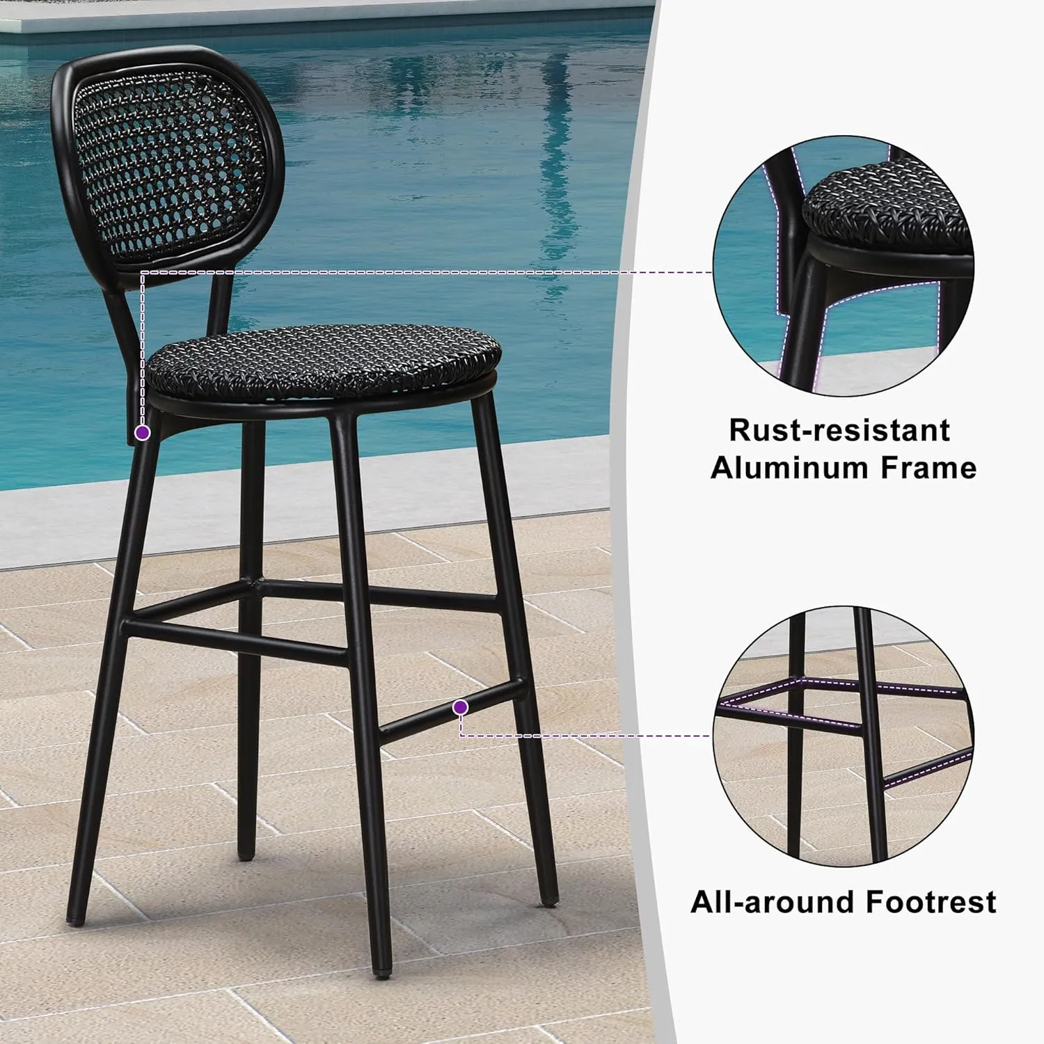 PURPLE LEAF Bar Stools Set of 4 Patio Rattan Counter Height Barstools Modern Aluminum Stools with Back for Pool Garden Kitchen Island Outdoor Bar Chairs, Black