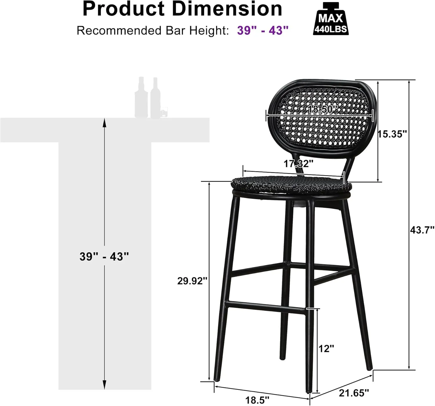 PURPLE LEAF Bar Stools Set of 4 Patio Rattan Counter Height Barstools Modern Aluminum Stools with Back for Pool Garden Kitchen Island Outdoor Bar Chairs, Black