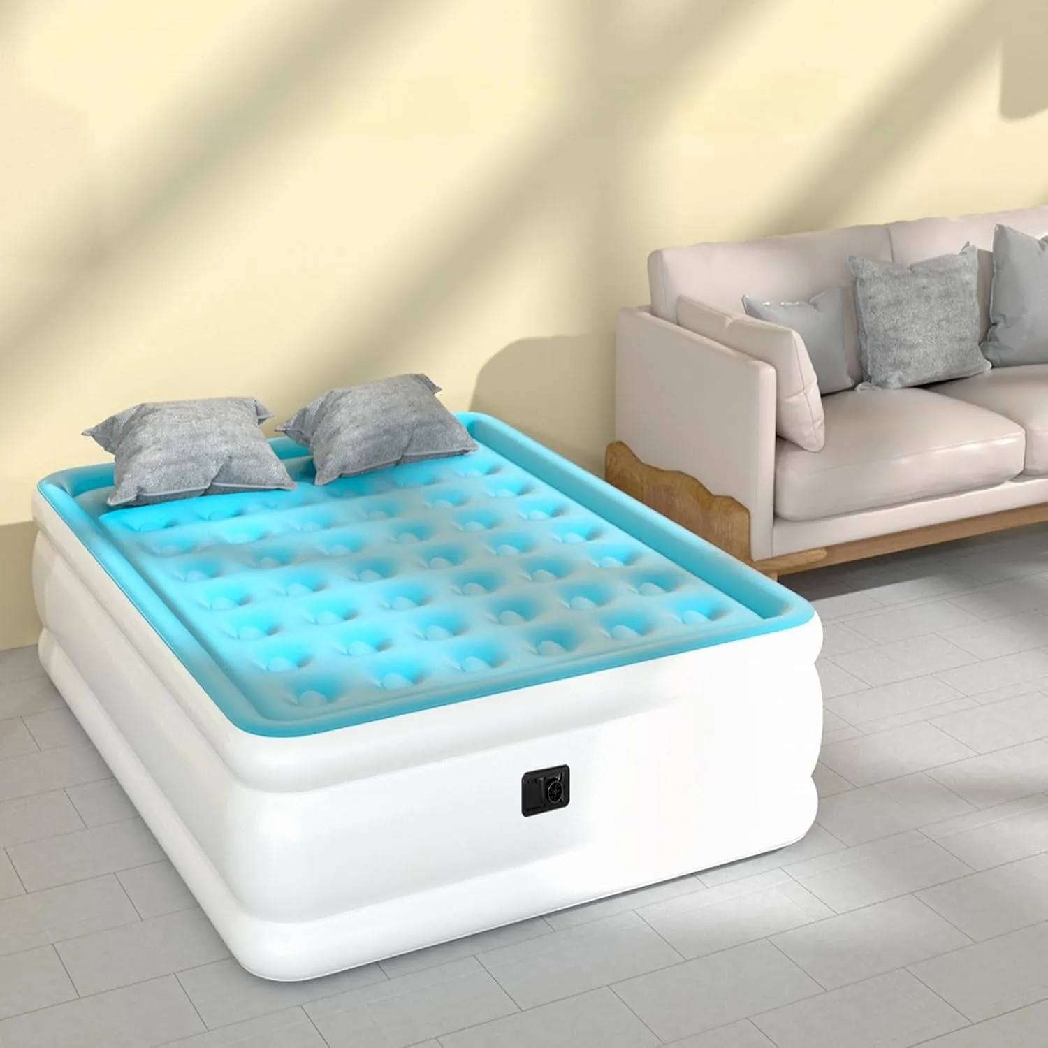 Queen Air Mattress with Built-in Pump, Air Bed with Portable Storage Bag, 18'' Blow up Mattress Suitable for Home and Guests, Top Flocking, 18" Queen Blue