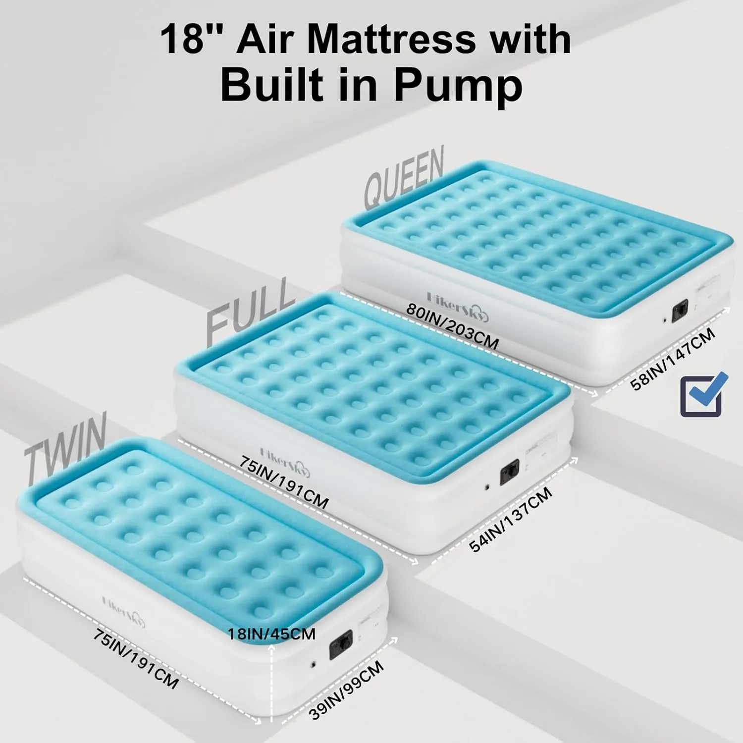 Queen Air Mattress with Built-in Pump, Air Bed with Portable Storage Bag, 18'' Blow up Mattress Suitable for Home and Guests, Top Flocking, 18" Queen Blue