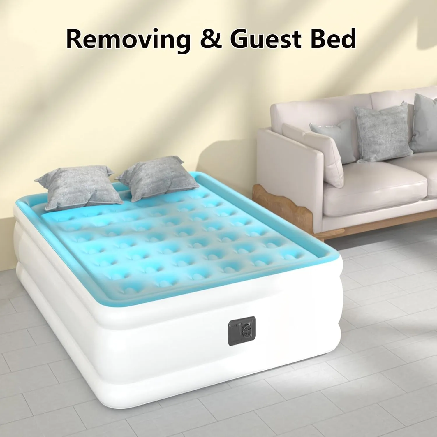 Queen Air Mattress with Built-in Pump, Air Bed with Portable Storage Bag, 18'' Blow up Mattress Suitable for Home and Guests, Top Flocking, 18" Queen Blue