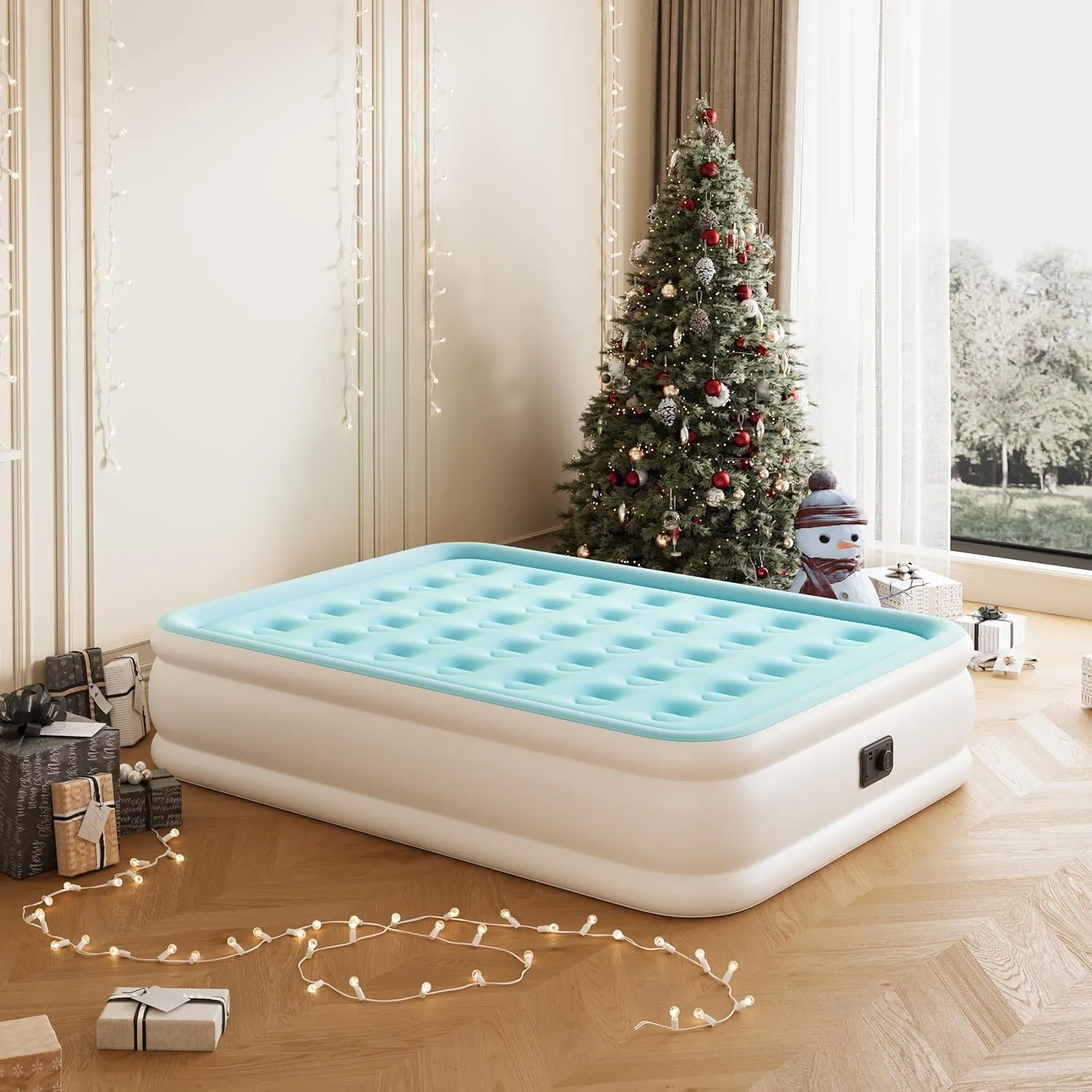 Queen Air Mattress with Built-in Pump, Air Bed with Portable Storage Bag, 18'' Blow up Mattress Suitable for Home and Guests, Top Flocking, 18" Queen Blue