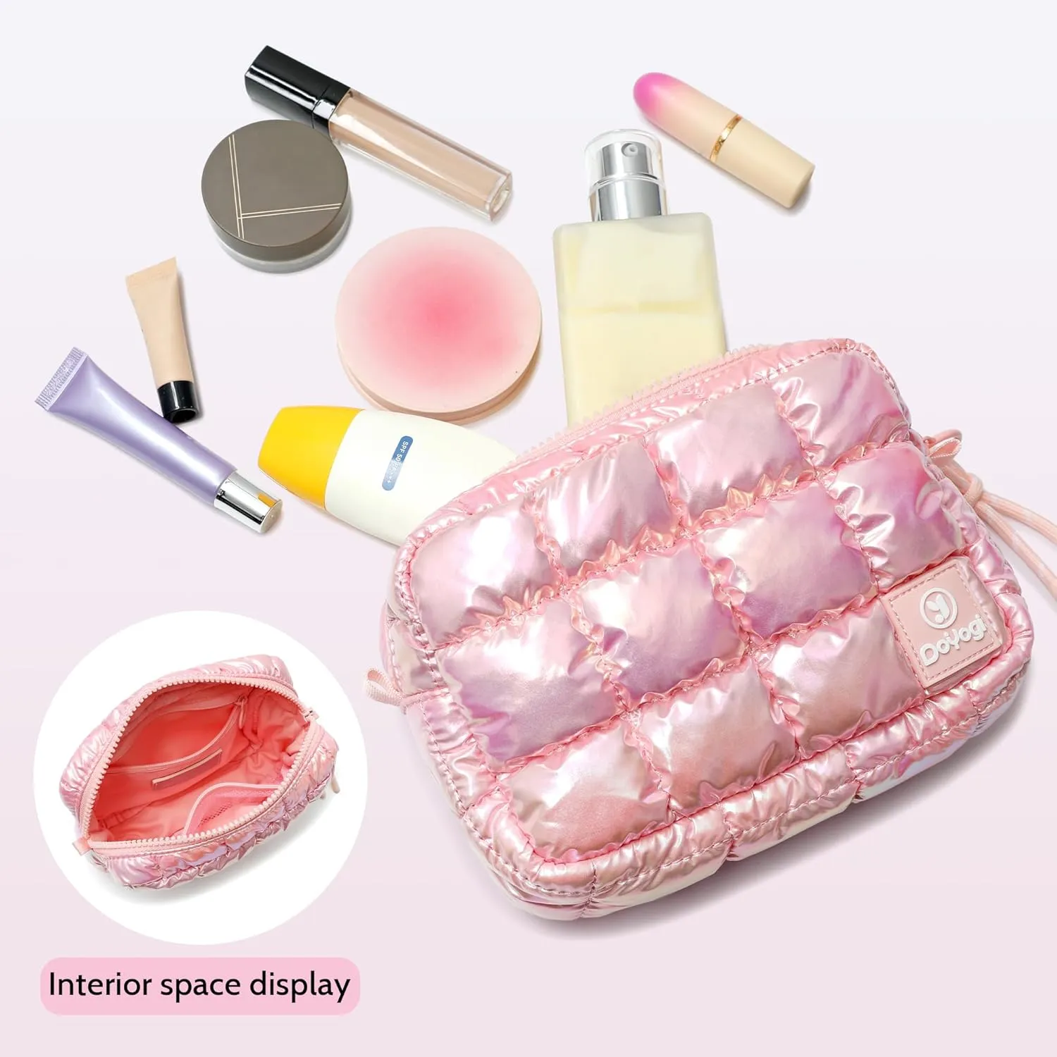 Quilted Cosmetic Bag, Puffer Makeup Bags, Crossbody Purses for women,Cute Travel Toiletry Bag for Women (Dazzling Light Pink)