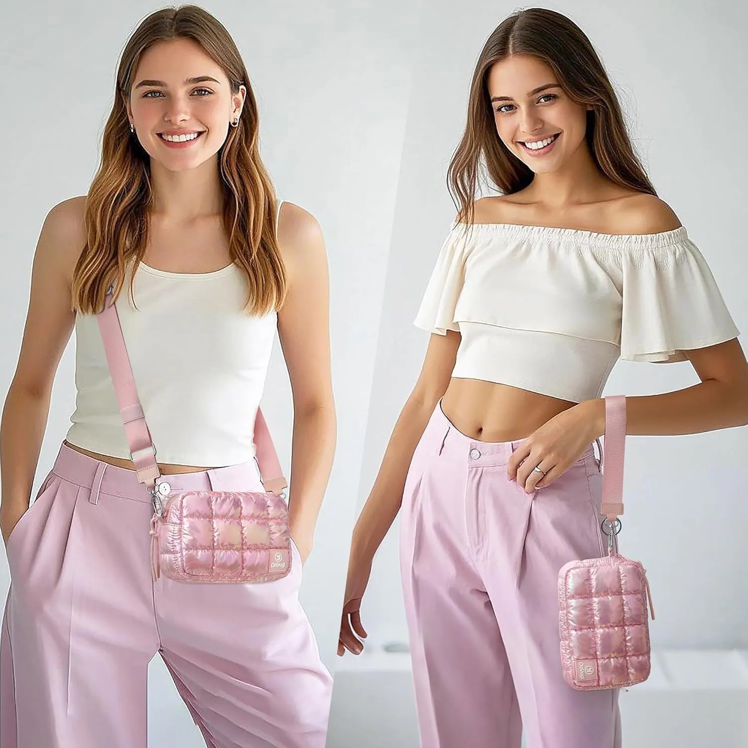 Quilted Cosmetic Bag, Puffer Makeup Bags, Crossbody Purses for women,Cute Travel Toiletry Bag for Women (Dazzling Light Pink)