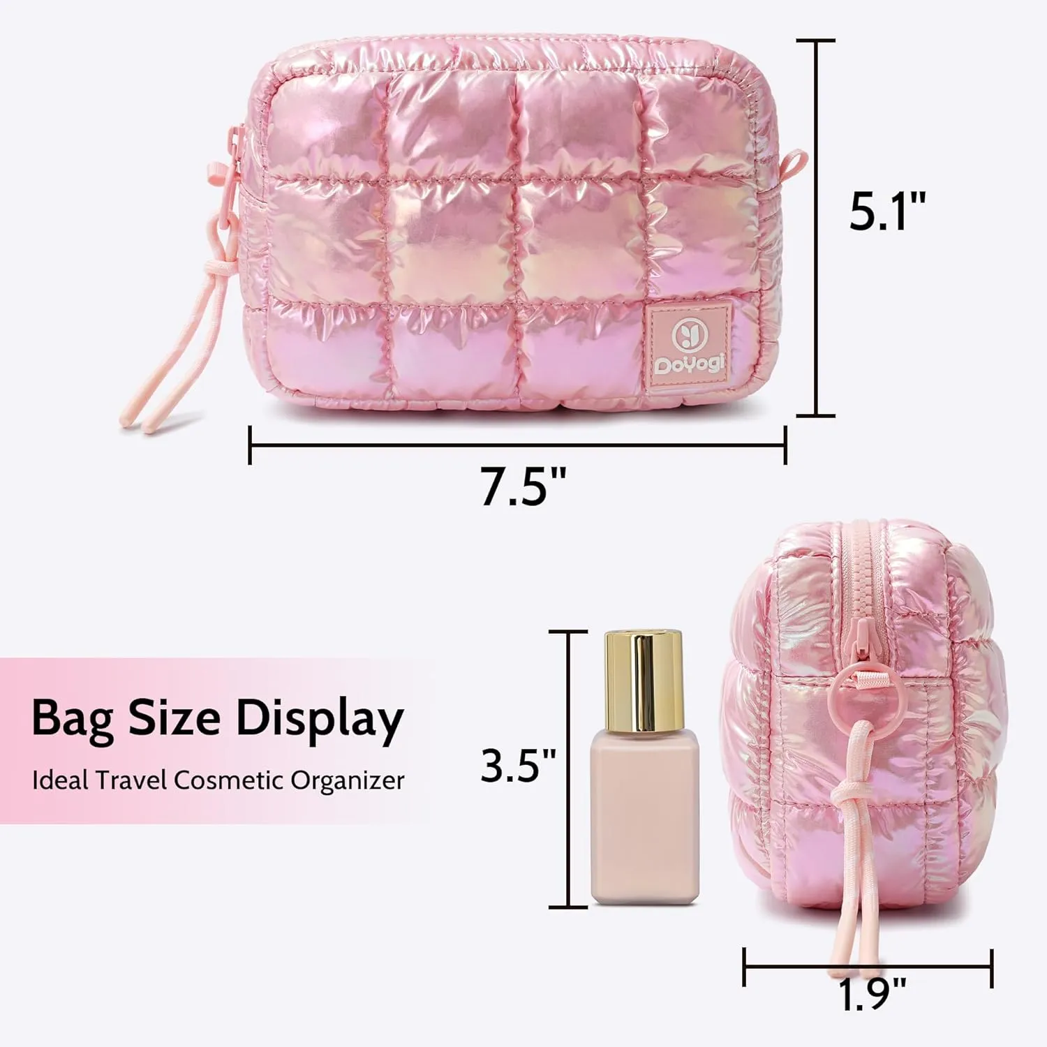 Quilted Cosmetic Bag, Puffer Makeup Bags, Crossbody Purses for women,Cute Travel Toiletry Bag for Women (Dazzling Light Pink)