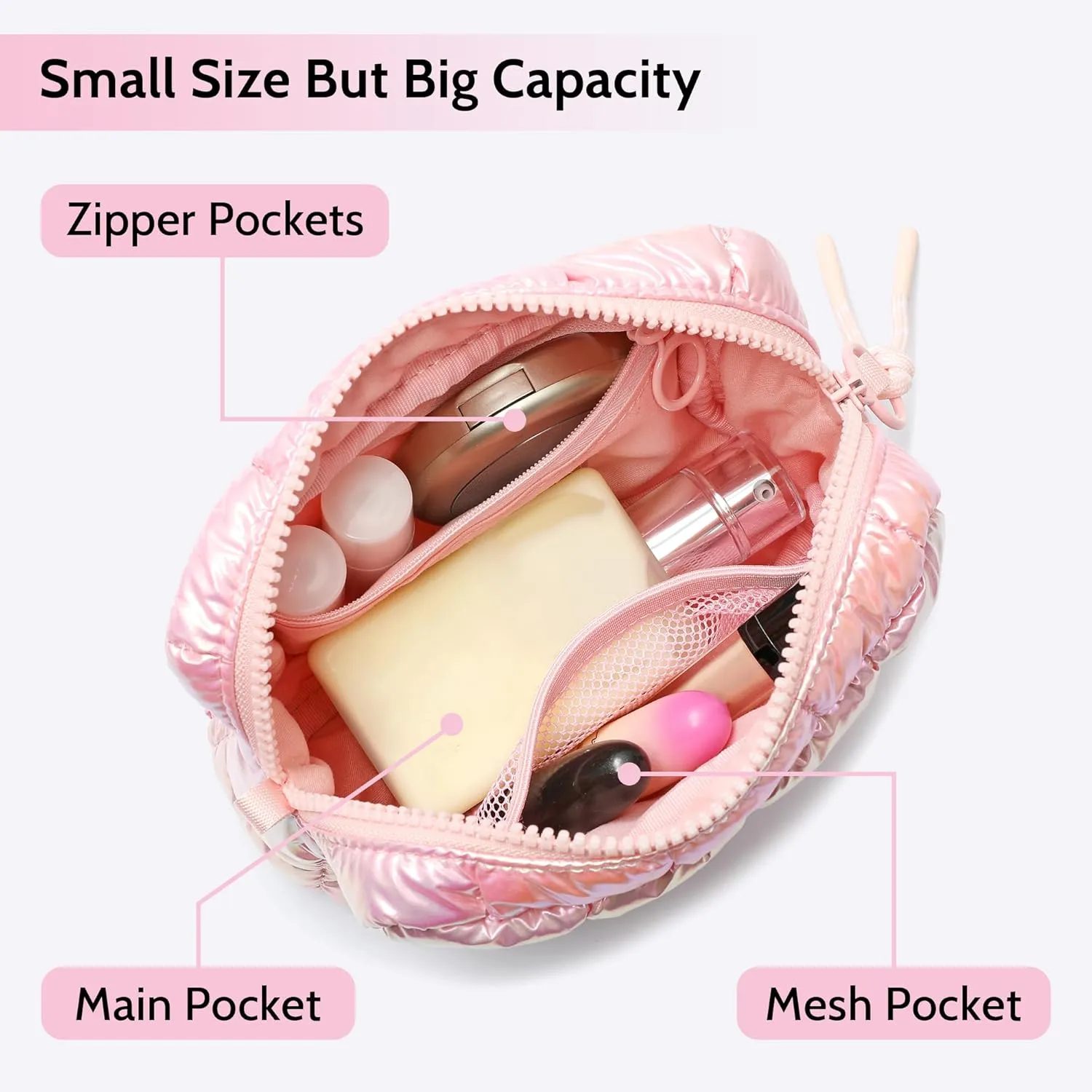 Quilted Cosmetic Bag, Puffer Makeup Bags, Crossbody Purses for women,Cute Travel Toiletry Bag for Women (Dazzling Light Pink)
