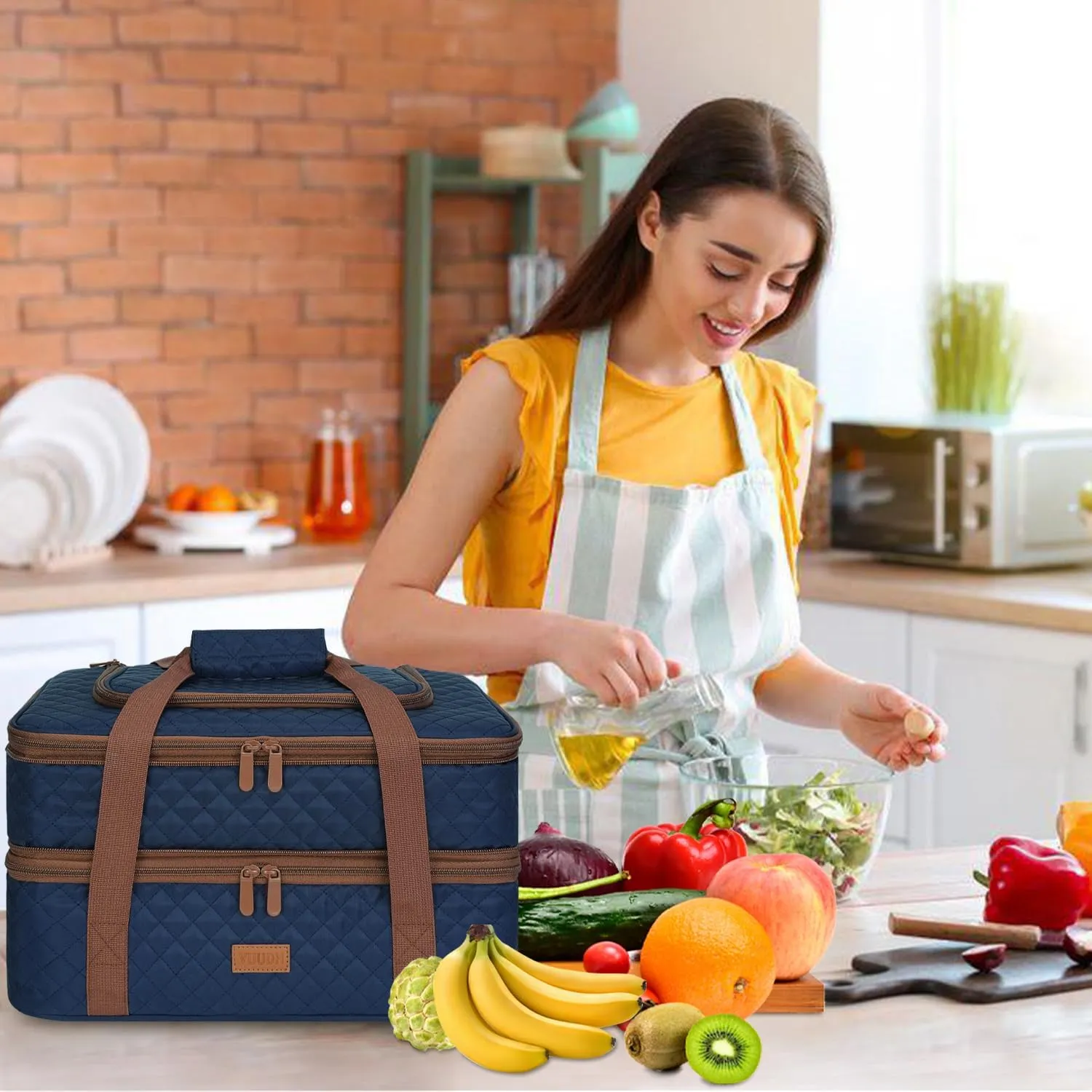 Quilted Insulated Double Casserole Carrier - Thermal Lunch Tote for Potluck Parties, Picnic, Beach, Fits 9 x 17 Inches Baking Dish, Casserole Dish, Expandable (Blue)