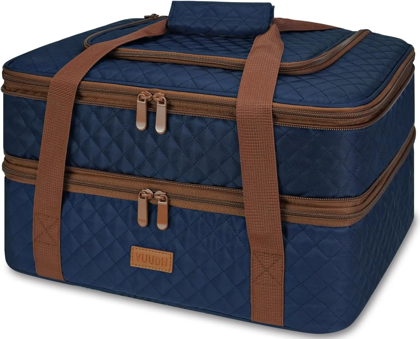 Quilted Insulated Double Casserole Carrier - Thermal Lunch Tote for Potluck Parties, Picnic, Beach, Fits 9 x 17 Inches Baking Dish, Casserole Dish, Expandable (Blue)