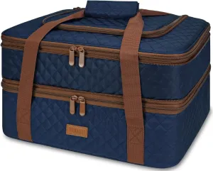 Quilted Insulated Double Casserole Carrier - Thermal Lunch Tote for Potluck Parties, Picnic, Beach, Fits 9 x 17 Inches Baking Dish, Casserole Dish, Expandable (Blue)