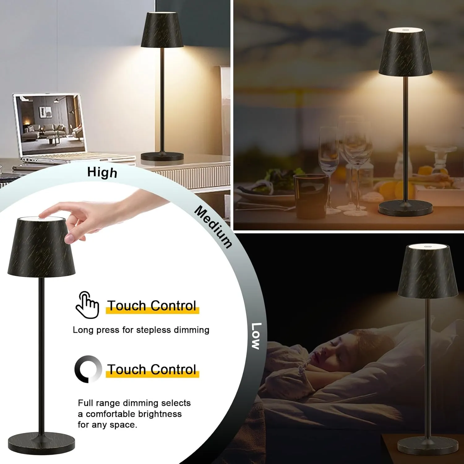 Ralaby IP54 Cordless Table Lamps Portable Rechargeable Battery Operated Lamp Aluminum Dimmable Indoor/Outdoor Cordless Lamp, Desk Lamp for/Restaurant/Camping/Bedroom (2 Pack,Black Brush Gold,4800mAh)