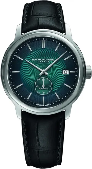 RAYMOND WEIL Maestro Men's Automatic Watch, Blue Dial, Indexes, Stainless Steel, Genuine Black Leather Strap, 39.5mm (Model: 2238-STC-50001)