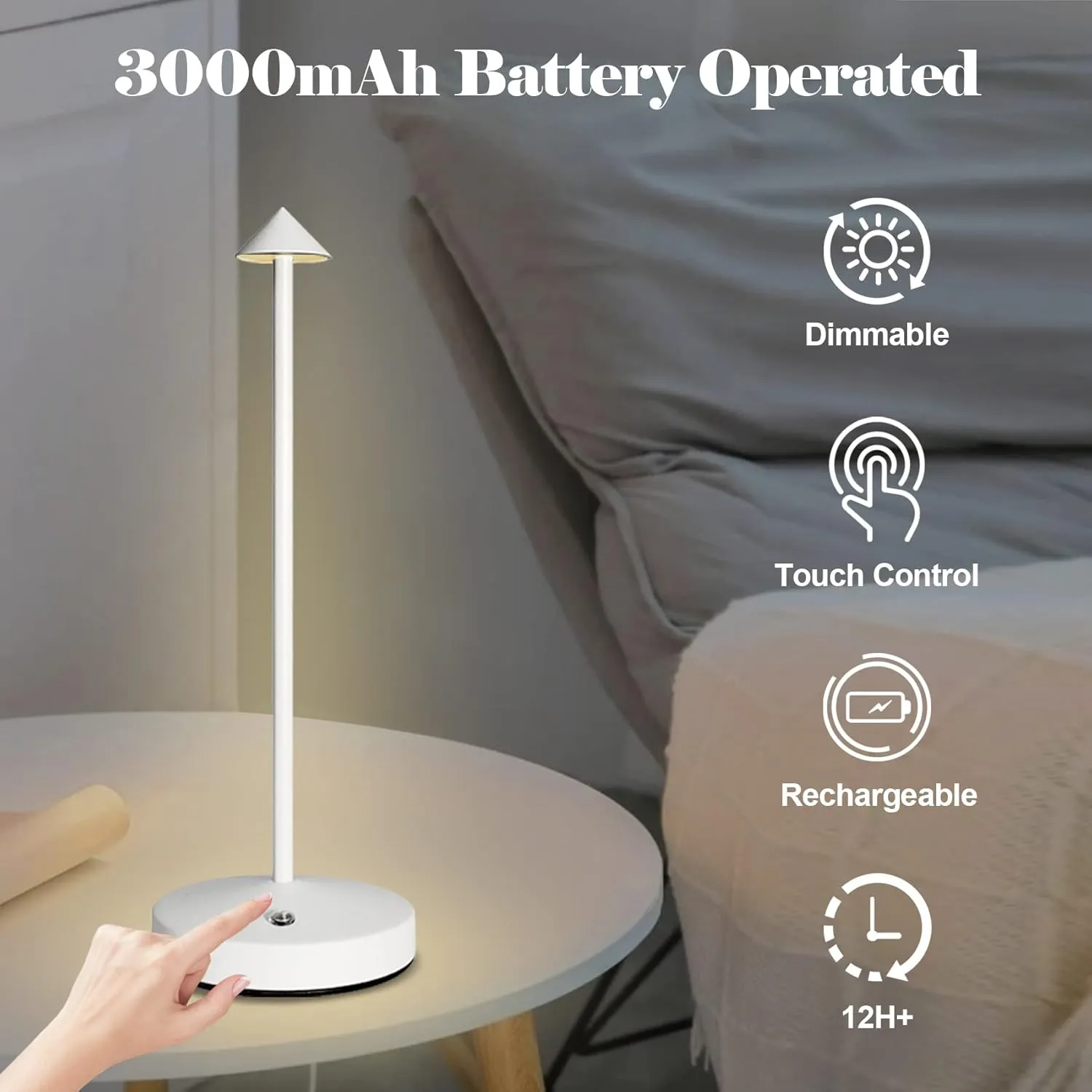 Rechargeable Cordless Lamps,3000mAh Battery Operated Table Lamp,Portable LED Touch 2 Levels Brightness Dimmable Bar Lamp,Battery Powered Lamps for Bars,Restaurant,Living Room(2 Pack,White)