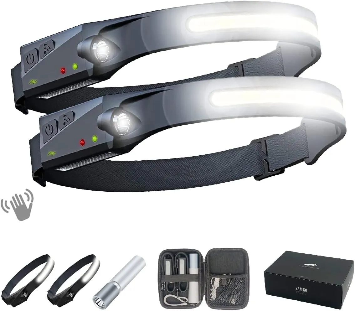 Rechargeable LED Headlamp - Waterproof Headband Bright Lights Bar Strip Flashlight Motion Sensor Control USB C 2 Pack for Adults Working Hardhat Walkers Hiking Camping Outdoor (Black)