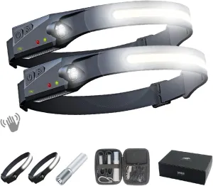 Rechargeable LED Headlamp - Waterproof Headband Bright Lights Bar Strip Flashlight Motion Sensor Control USB C 2 Pack for Adults Working Hardhat Walkers Hiking Camping Outdoor (Black)