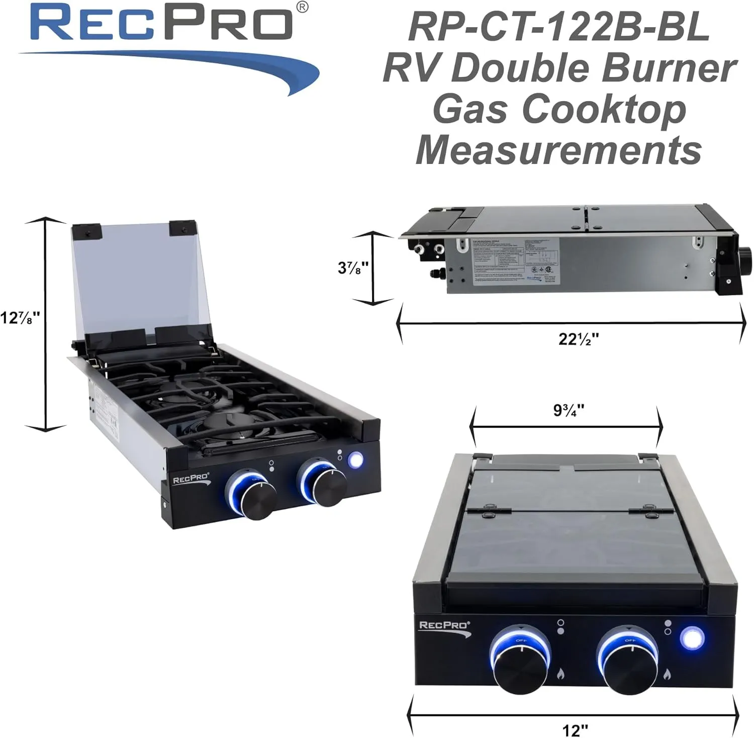 RecPro RV Built In Gas Cooktop | 2 Burner or 3 Burner | RV Cooktop Stove | 6,500 and 8,000 BTU Burners | Cover Included (Black, 2-Burner)