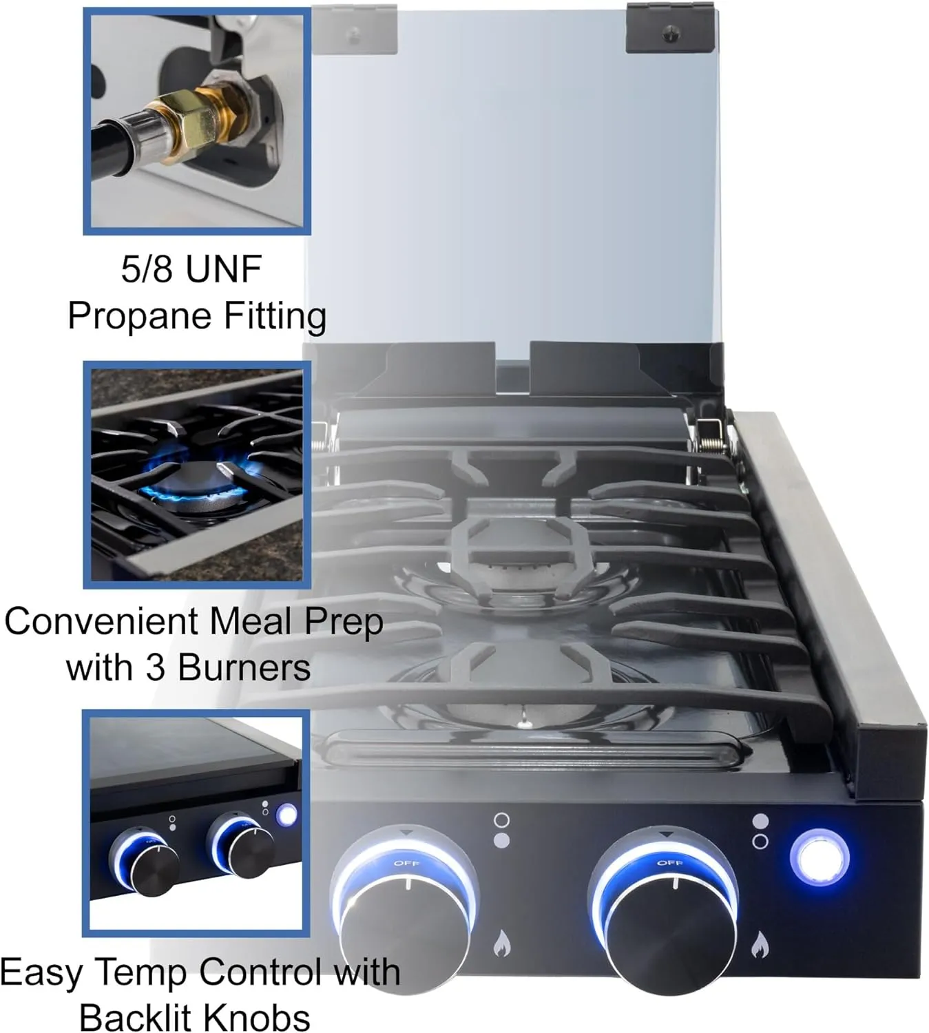 RecPro RV Built In Gas Cooktop | 2 Burner or 3 Burner | RV Cooktop Stove | 6,500 and 8,000 BTU Burners | Cover Included (Black, 2-Burner)