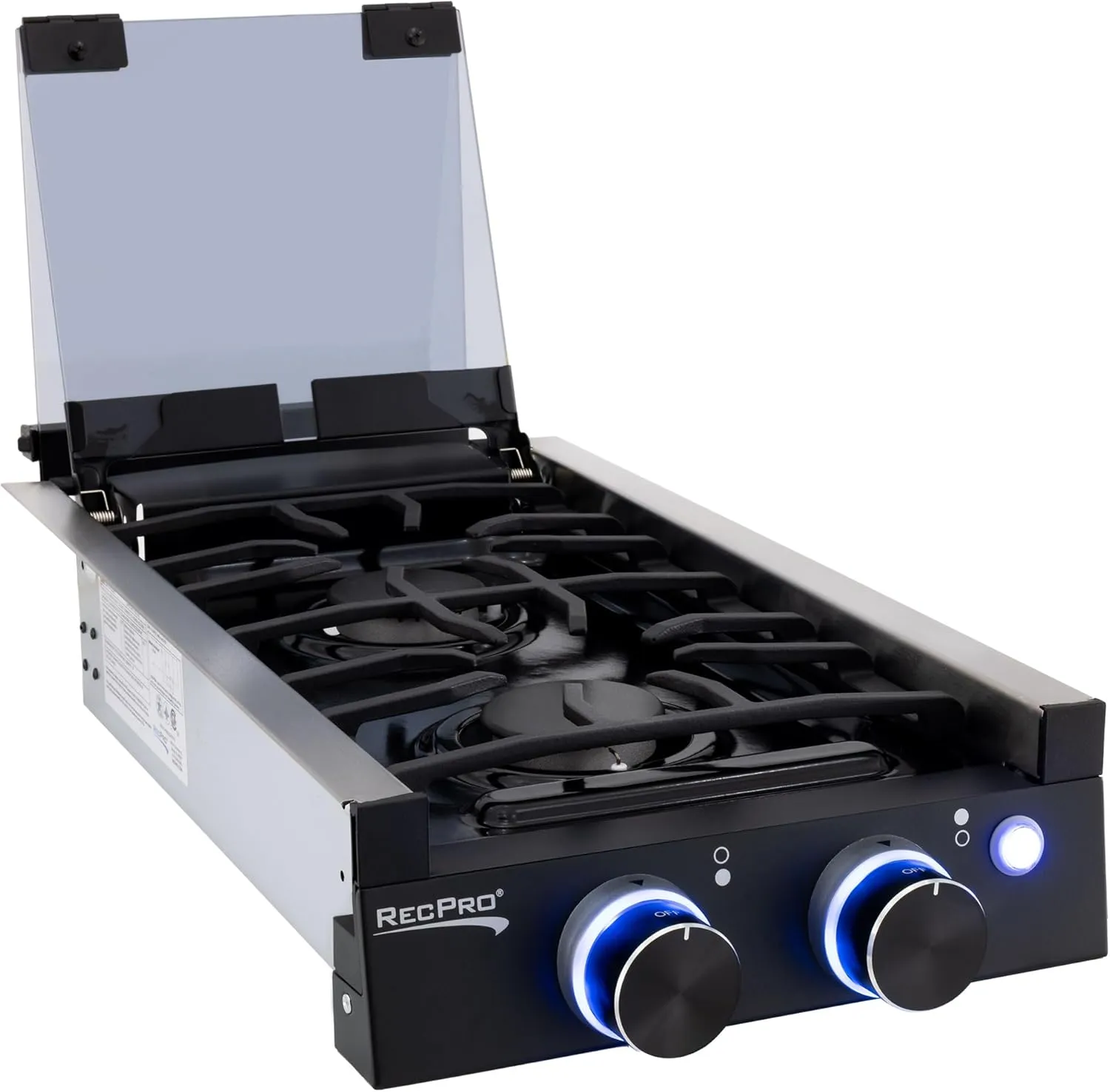 RecPro RV Built In Gas Cooktop | 2 Burner or 3 Burner | RV Cooktop Stove | 6,500 and 8,000 BTU Burners | Cover Included (Black, 2-Burner)