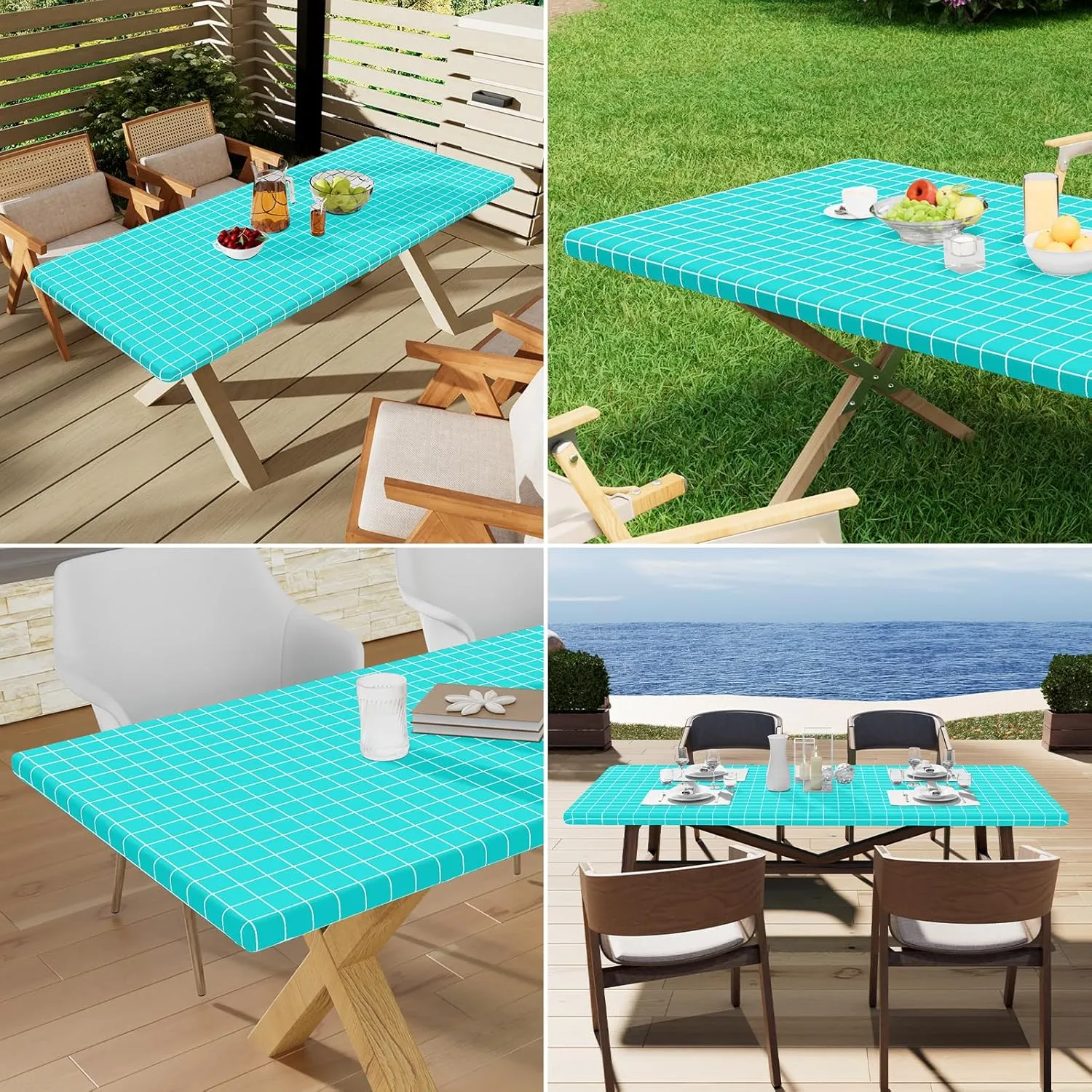 Rectangle Vinyl Table Cloth 30x72, Waterproof Elastic Fitted Tablecloth with Flannel Backing, Plastic Table Cover for Picnic, Camping, Outdoor, Aqua