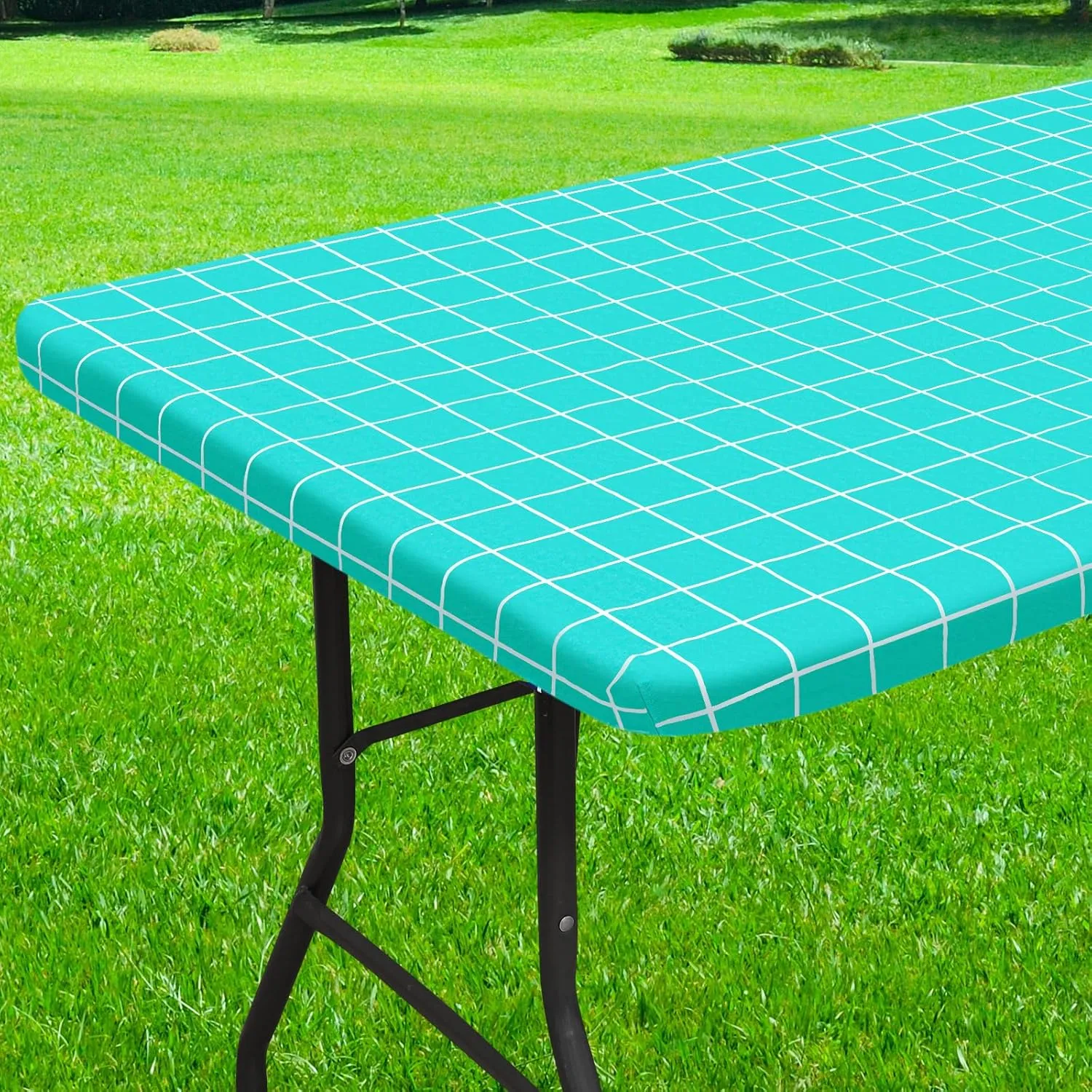 Rectangle Vinyl Table Cloth 30x72, Waterproof Elastic Fitted Tablecloth with Flannel Backing, Plastic Table Cover for Picnic, Camping, Outdoor, Aqua