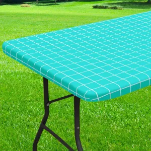 Rectangle Vinyl Table Cloth 30x72, Waterproof Elastic Fitted Tablecloth with Flannel Backing, Plastic Table Cover for Picnic, Camping, Outdoor, Aqua