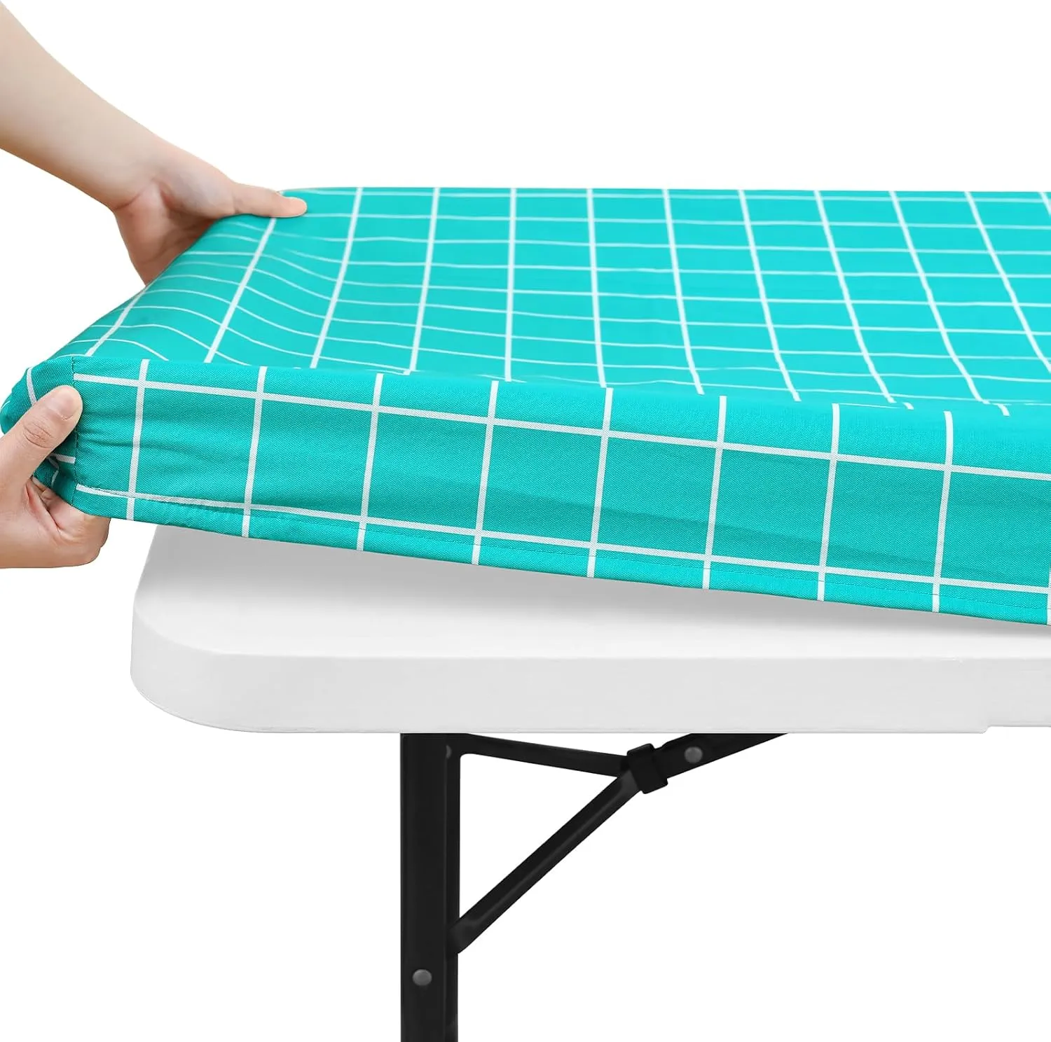 Rectangle Vinyl Table Cloth 30x72, Waterproof Elastic Fitted Tablecloth with Flannel Backing, Plastic Table Cover for Picnic, Camping, Outdoor, Aqua