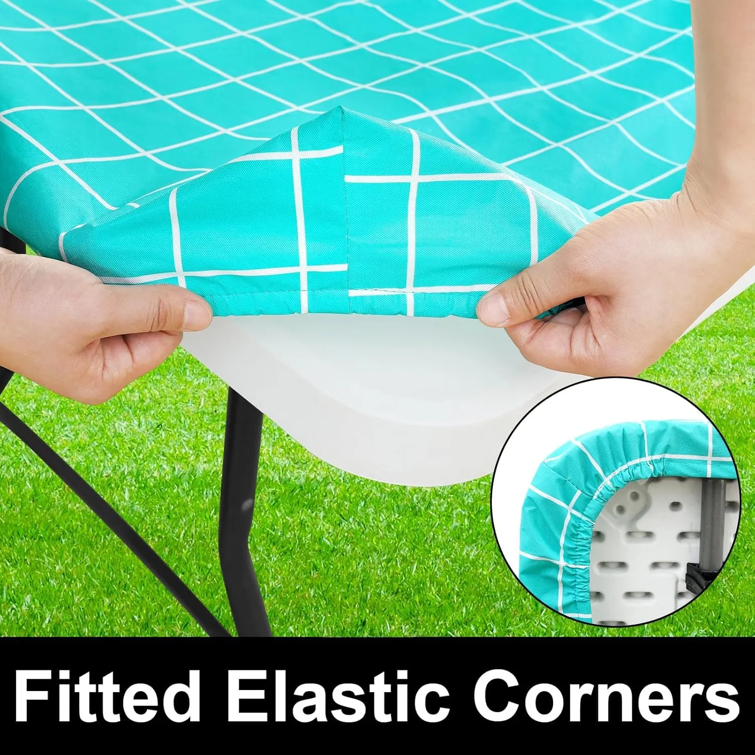 Rectangle Vinyl Table Cloth 30x72, Waterproof Elastic Fitted Tablecloth with Flannel Backing, Plastic Table Cover for Picnic, Camping, Outdoor, Aqua