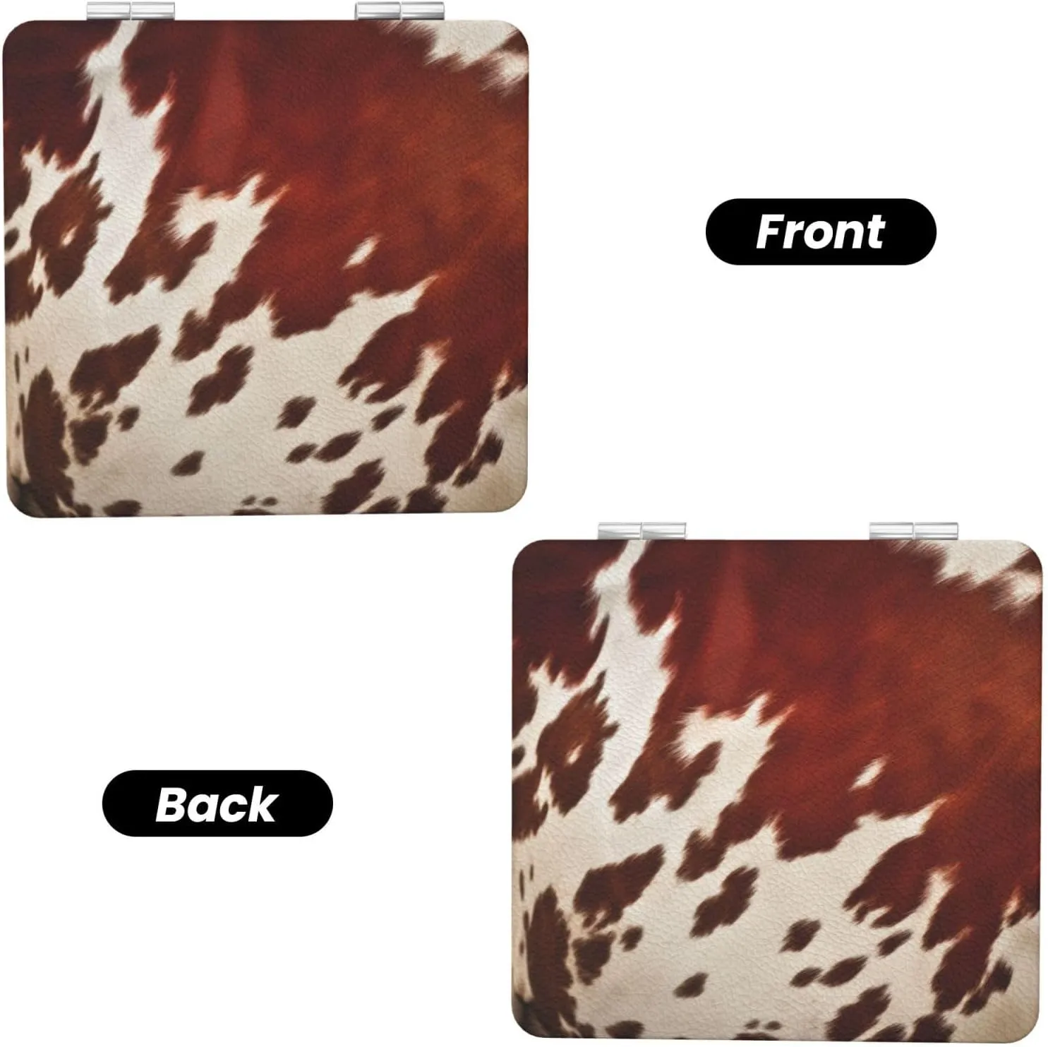 Red and White Cowhide Printed Square Pocket Makeup Mirror with 1X/2X Magnification, Portable Mini Travel Makeup Mirror for Travel Daily Work Beauty