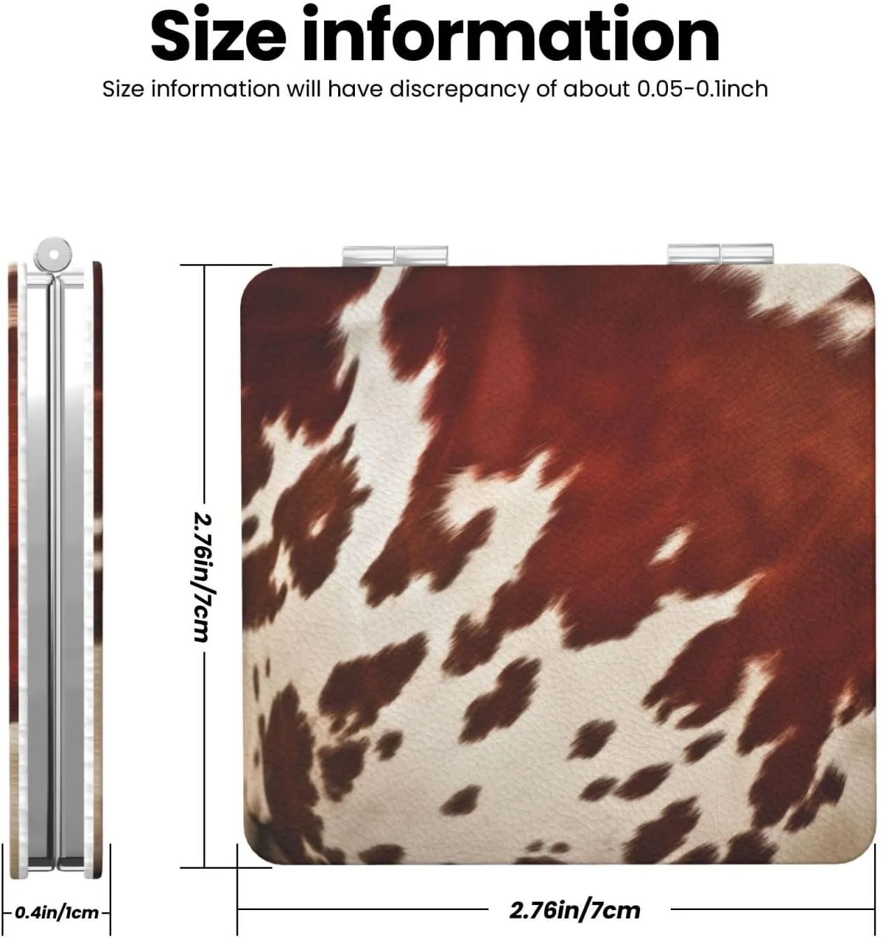 Red and White Cowhide Printed Square Pocket Makeup Mirror with 1X/2X Magnification, Portable Mini Travel Makeup Mirror for Travel Daily Work Beauty