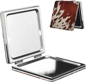 Red and White Cowhide Printed Square Pocket Makeup Mirror with 1X/2X Magnification, Portable Mini Travel Makeup Mirror for Travel Daily Work Beauty