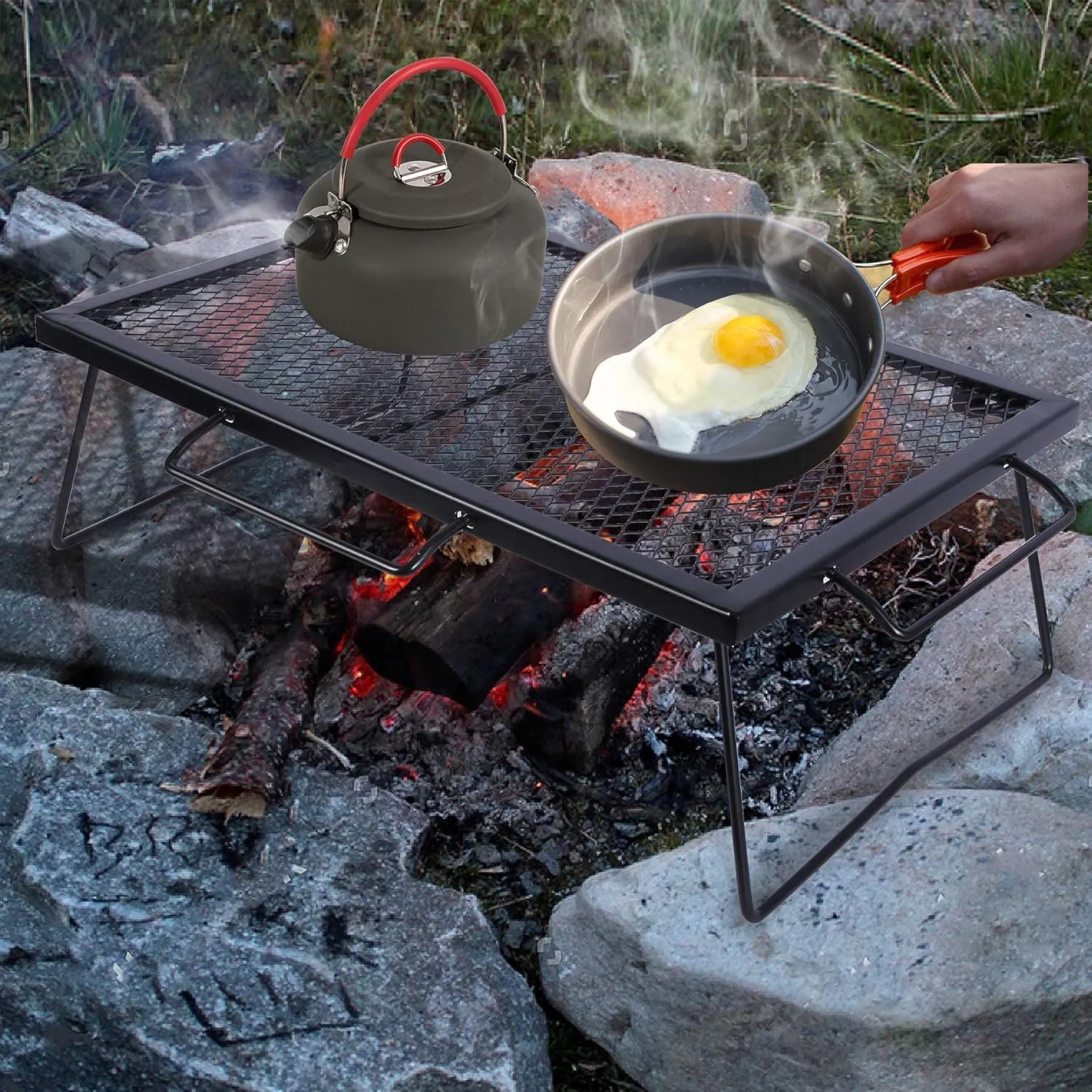 REDCAMP 2 in 1 Folding Camping Grill Grate, Folding Grill Table for Outdoor Open Flame Cooking for Camping Portable Over Fire Camp Grill