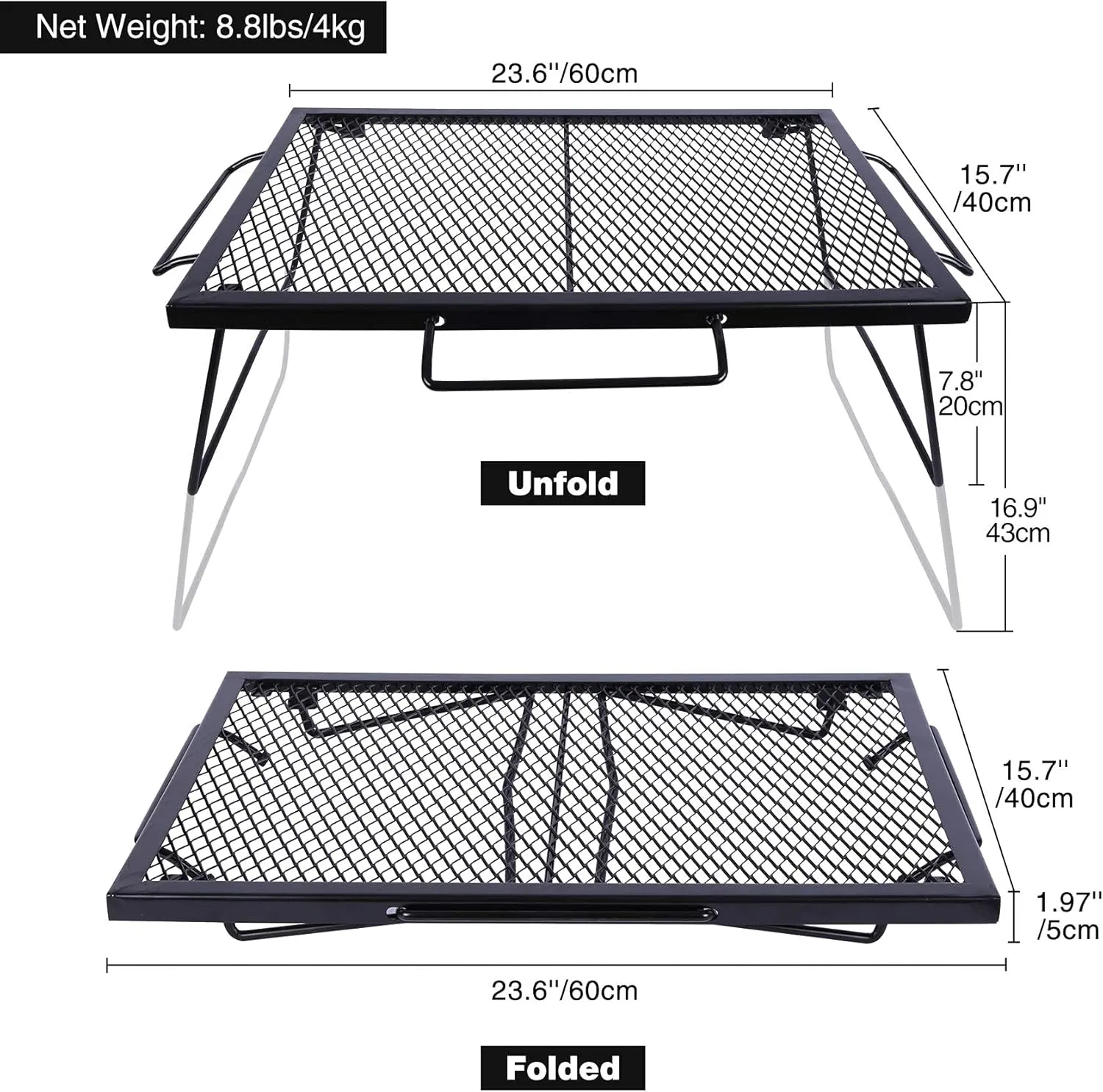 REDCAMP 2 in 1 Folding Camping Grill Grate, Folding Grill Table for Outdoor Open Flame Cooking for Camping Portable Over Fire Camp Grill
