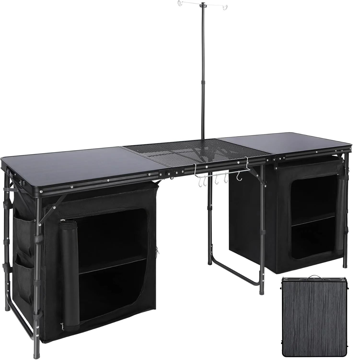 REDCAMP Extra Long Camping Kitchen Tri-fold Table with Storage Organizer, Folding Camping Cook Station Grill Table Portable for Party, Courtyard, Picnic, Black