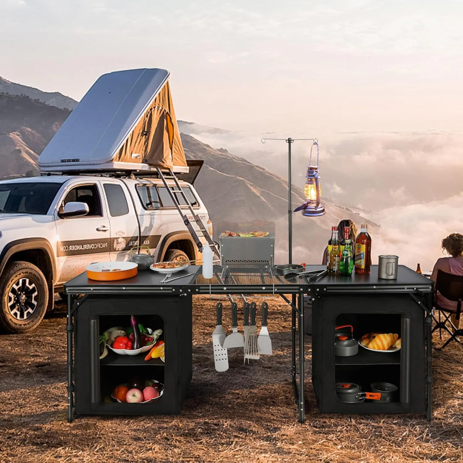 REDCAMP Extra Long Camping Kitchen Tri-fold Table with Storage Organizer, Folding Camping Cook Station Grill Table Portable for Party, Courtyard, Picnic, Black