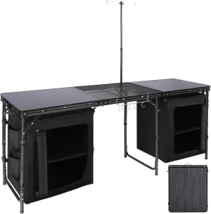 REDCAMP Extra Long Camping Kitchen Tri-fold Table with Storage Organizer, Folding Camping Cook Station Grill Table Portable for Party, Courtyard, Picnic, Black